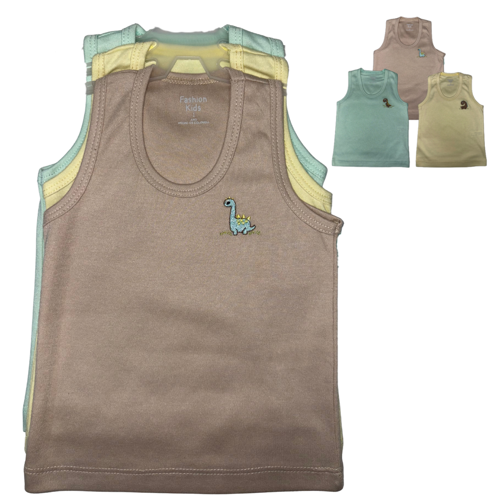 R1057 Set Camisilla Bordada x3 Dino Marron-Amarillo-Aguamarina Talla: 1