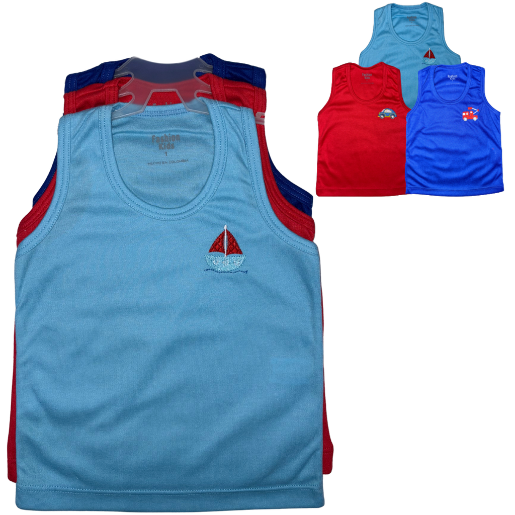 R1057 Set Camisilla Bordada x3 Carro Rojo-Azul Oscuro- Azul Claro Talla: 1