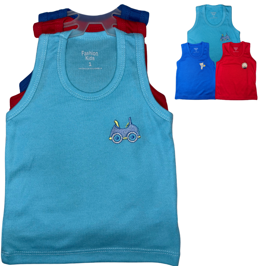 R1057 Set Camisilla Bordada x3 Leon Rojo-Azul Oscuro- Azul Claro Talla: 1