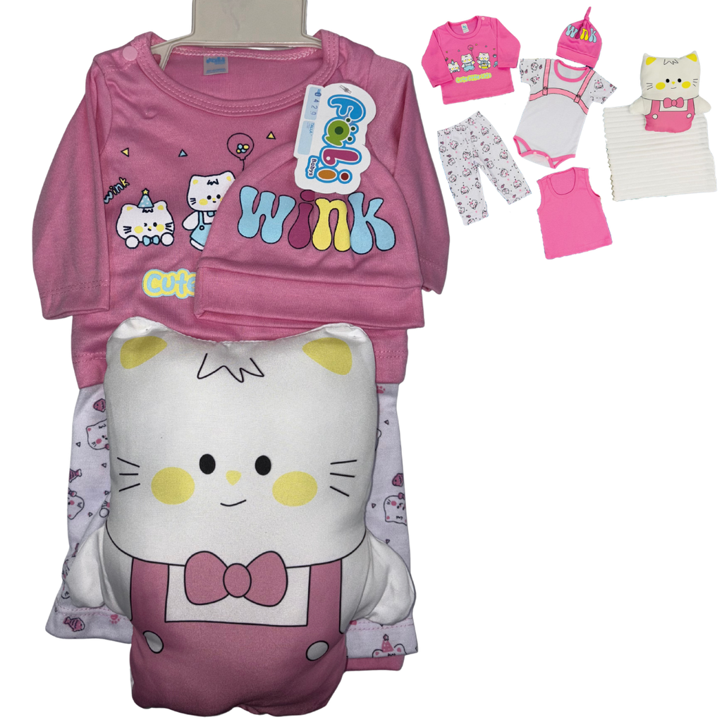 R0429 Conjunto x7 Piezas Almohada Gato Cobija Rosado