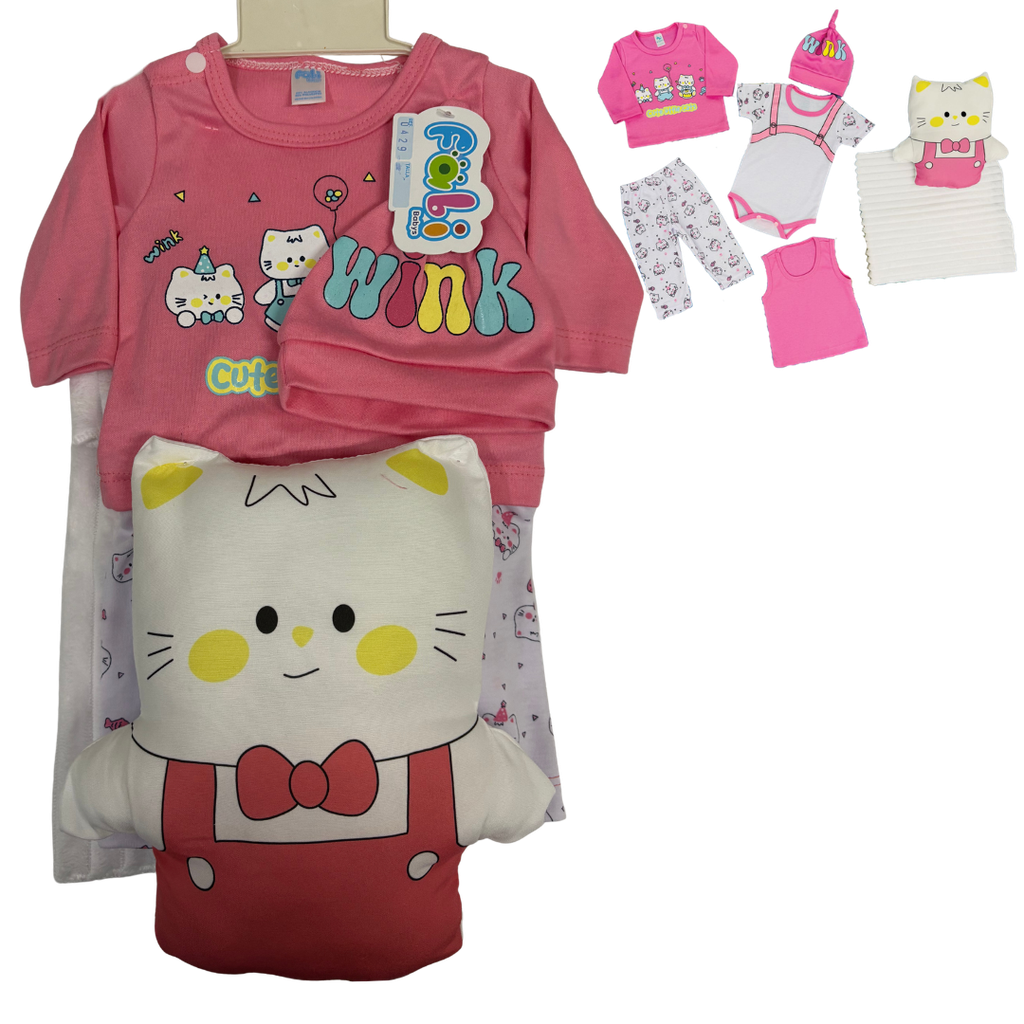 R0429 Conjunto x7 Piezas Almohada Gato Cobija Fucsia