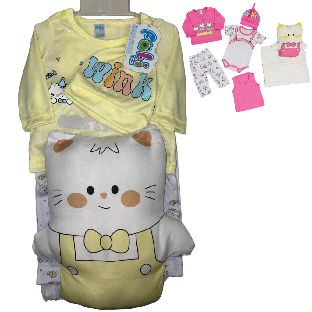 R0429 Conjunto x7 Piezas Almohada Gato Cobija Amarillo