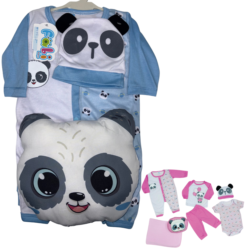 R0171 Conjunto x7 Piezas Almohada Panda Cobija Azul