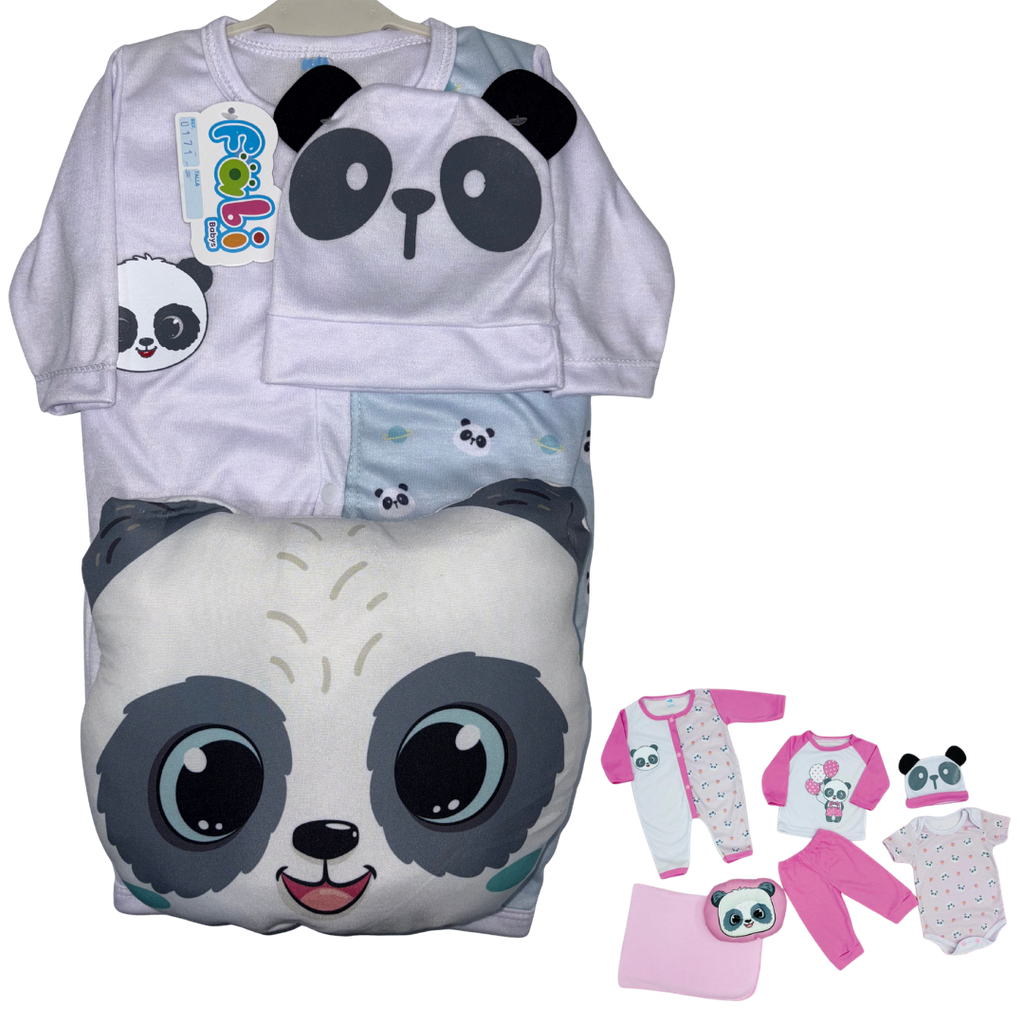 R0171 Conjunto x7 Piezas Almohada Panda Cobija Blanco