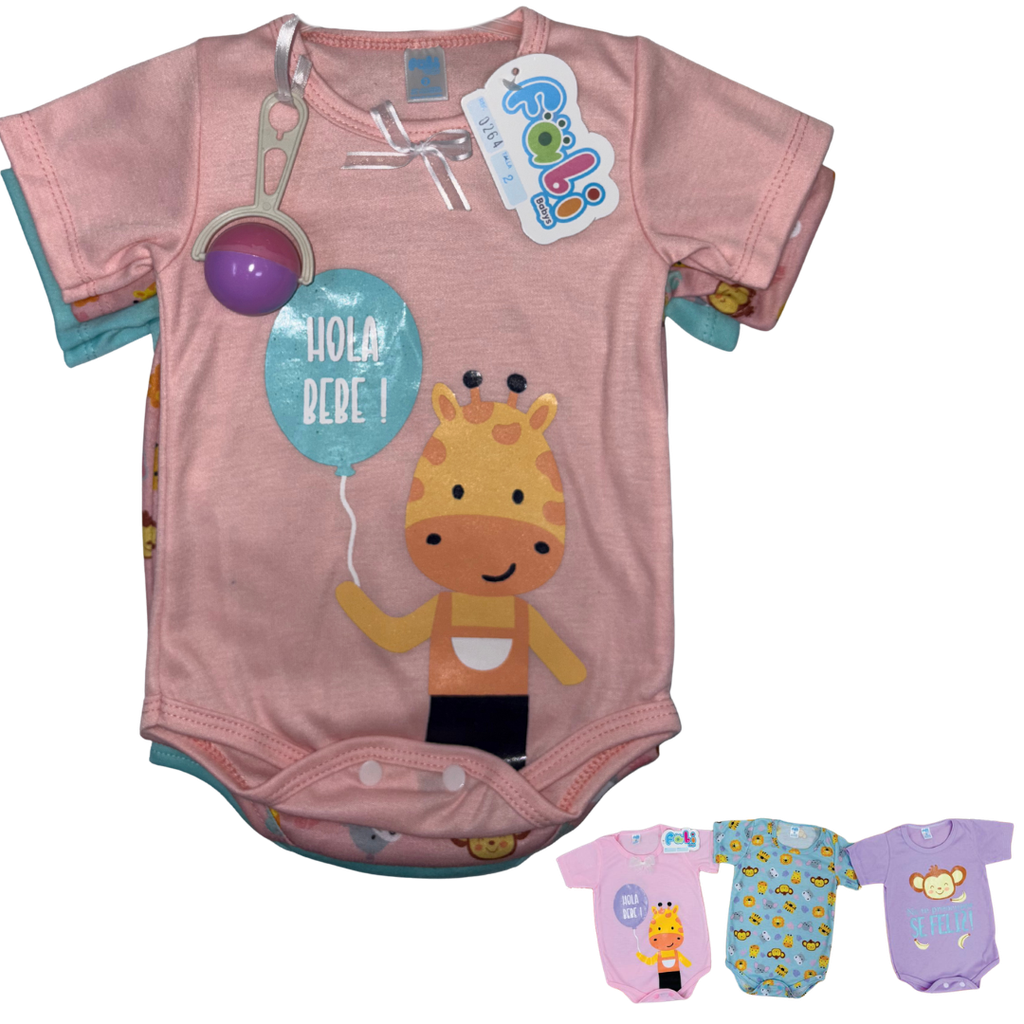 R0264 Set de Mameluco Estampado x3 Sonajero/Salmon Talla: 2