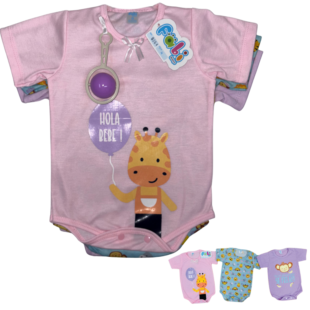 R0264 Set de Mameluco Estampado x3 Sonajero/Rosado Talla: 4
