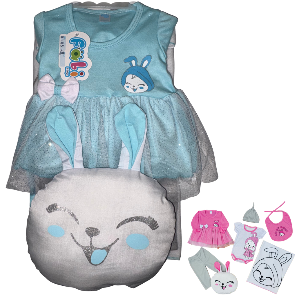 R0185 Conjunto x7 Piezas Almohada Conejo Cobija Azul