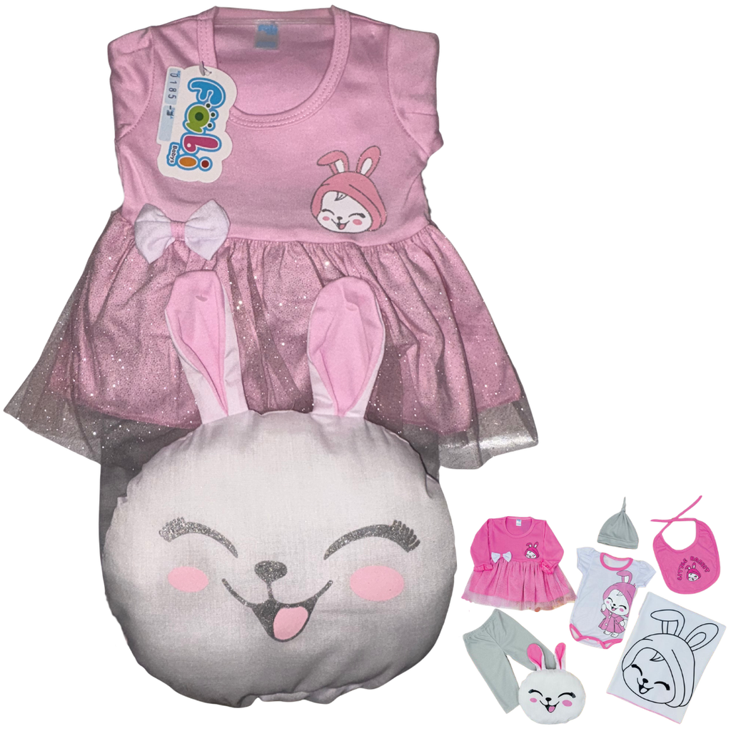 R0185 Conjunto x7 Piezas Almohada Conejo Cobija Rosado