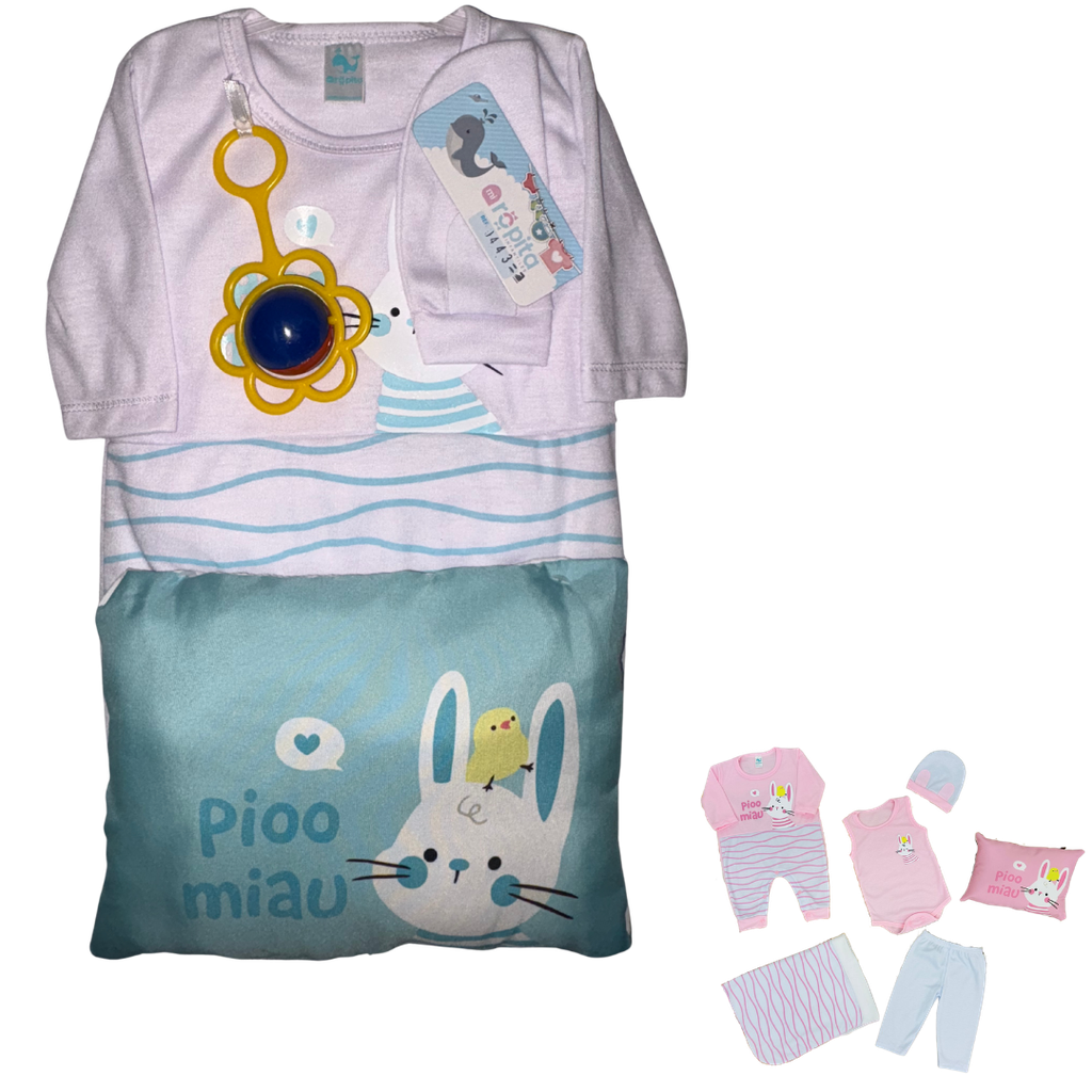 R0443 Conjunto x7 Piezas Almohada Conejo/Pollito Aguamarina