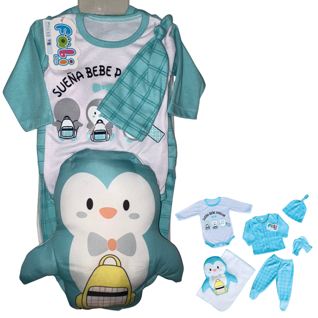 R0153 Conjunto x7 Piezas Almohada Pingüino Aguamarina