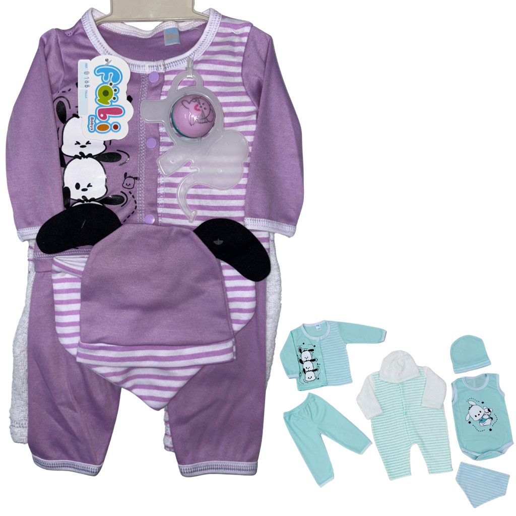 R0188 Conjunto x7 Piezas Sonajero Puppy Lila