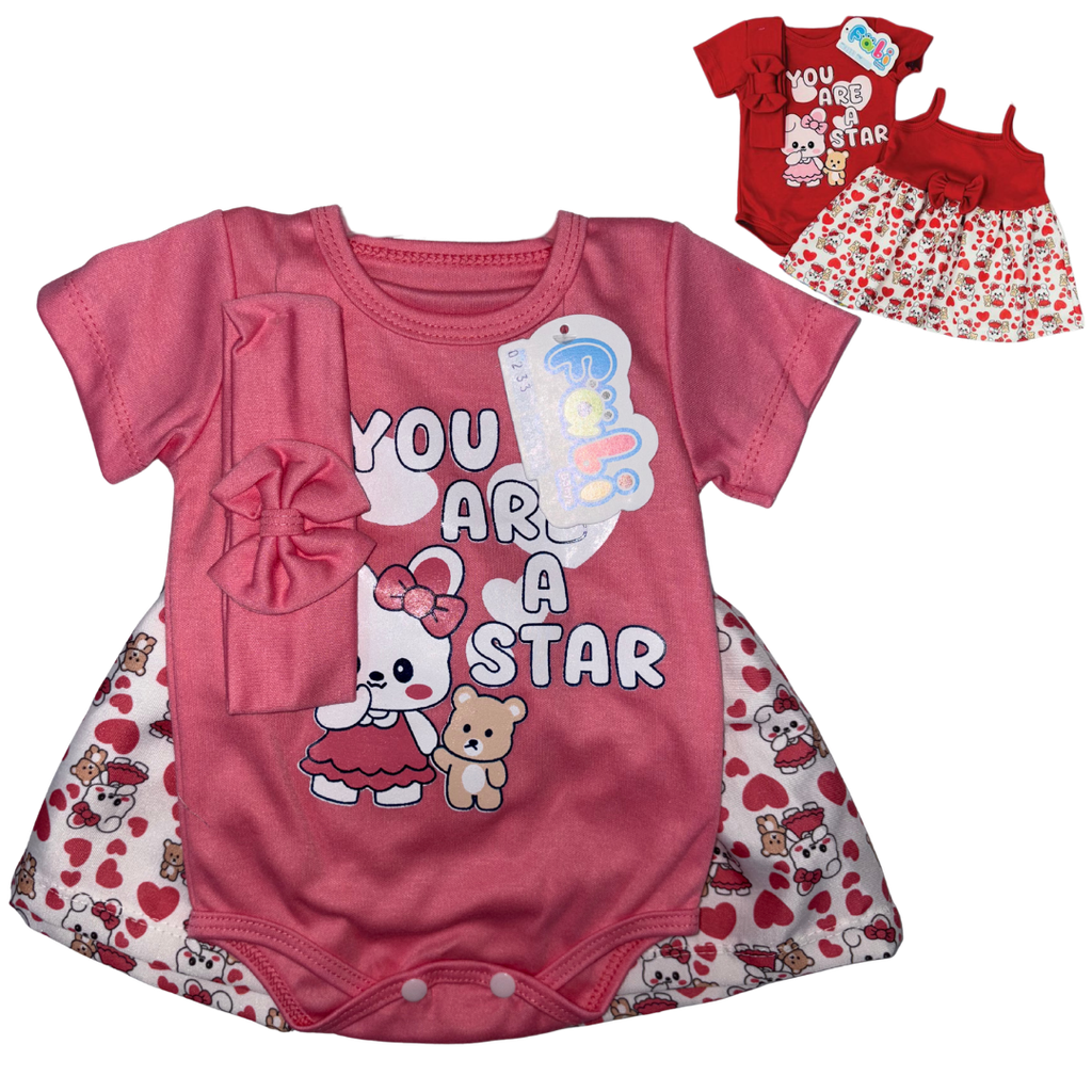 R0233 Conjunto x3 Piezas Vestido Coneja/Oso Rosado Sandia