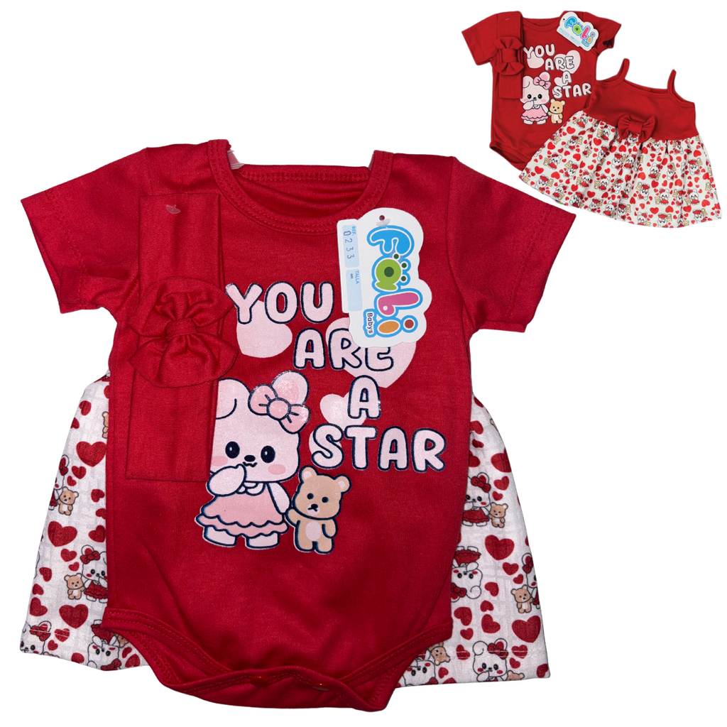 R0233 Conjunto x3 Piezas Vestido Coneja/Oso Rojo