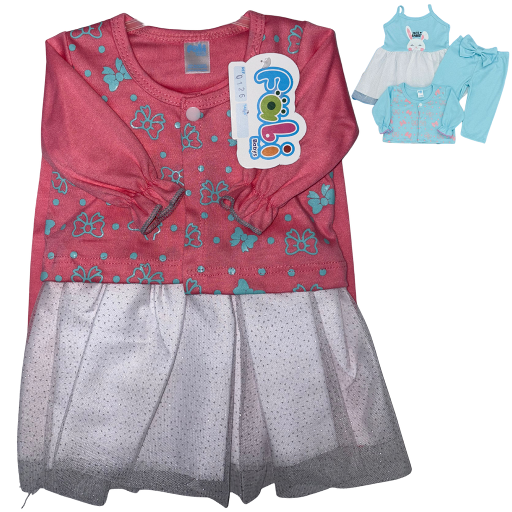 R0126 Conjunto x3 Piezas Vestido Lazos Rosado Sandia