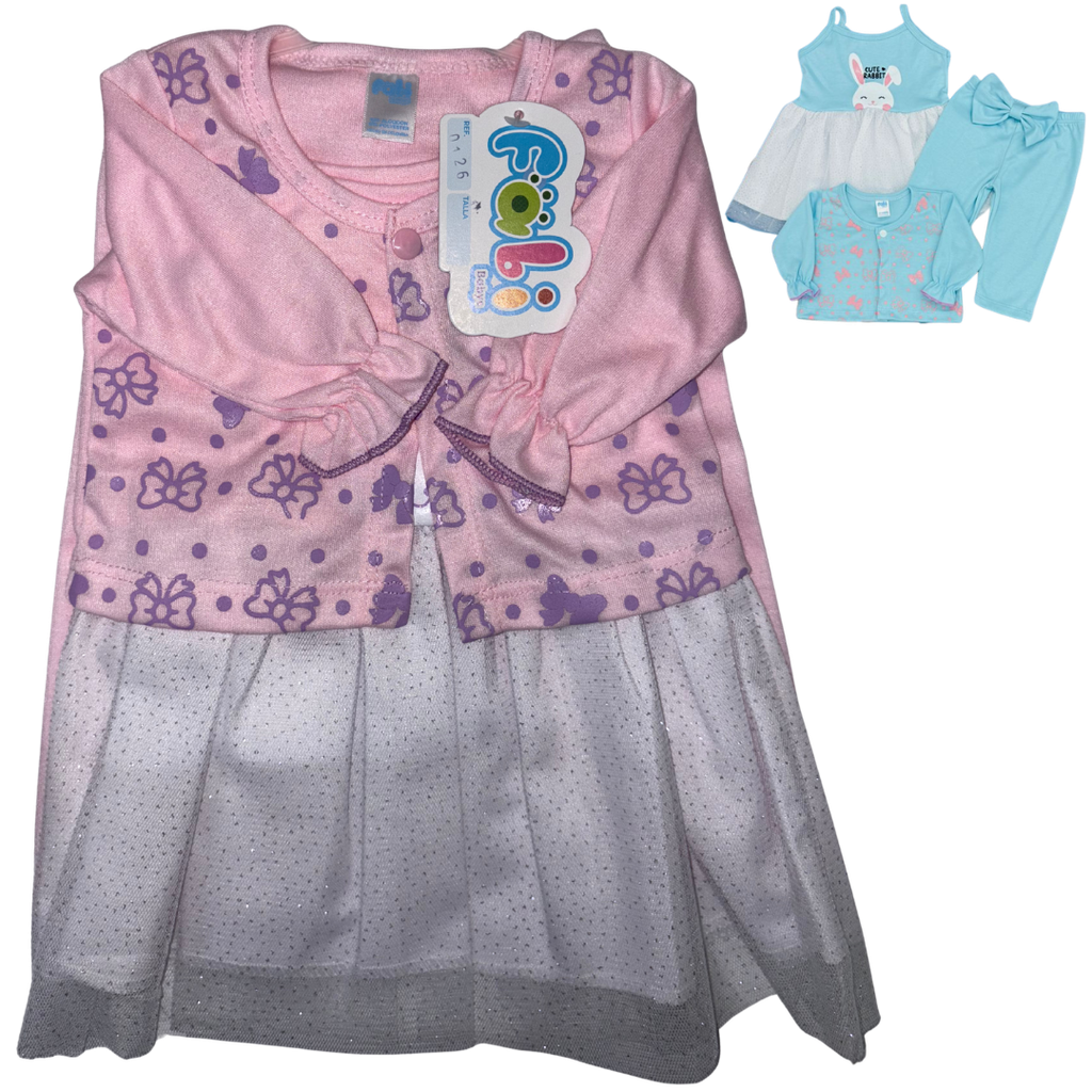 R0126 Conjunto x3 Piezas Vestido Lazos Rosado