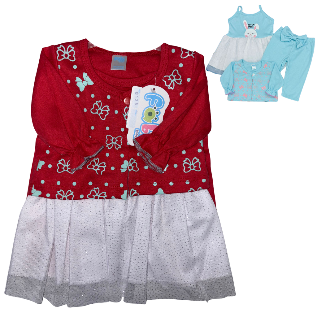 R0126 Conjunto x3 Piezas Vestido Lazos Rojo