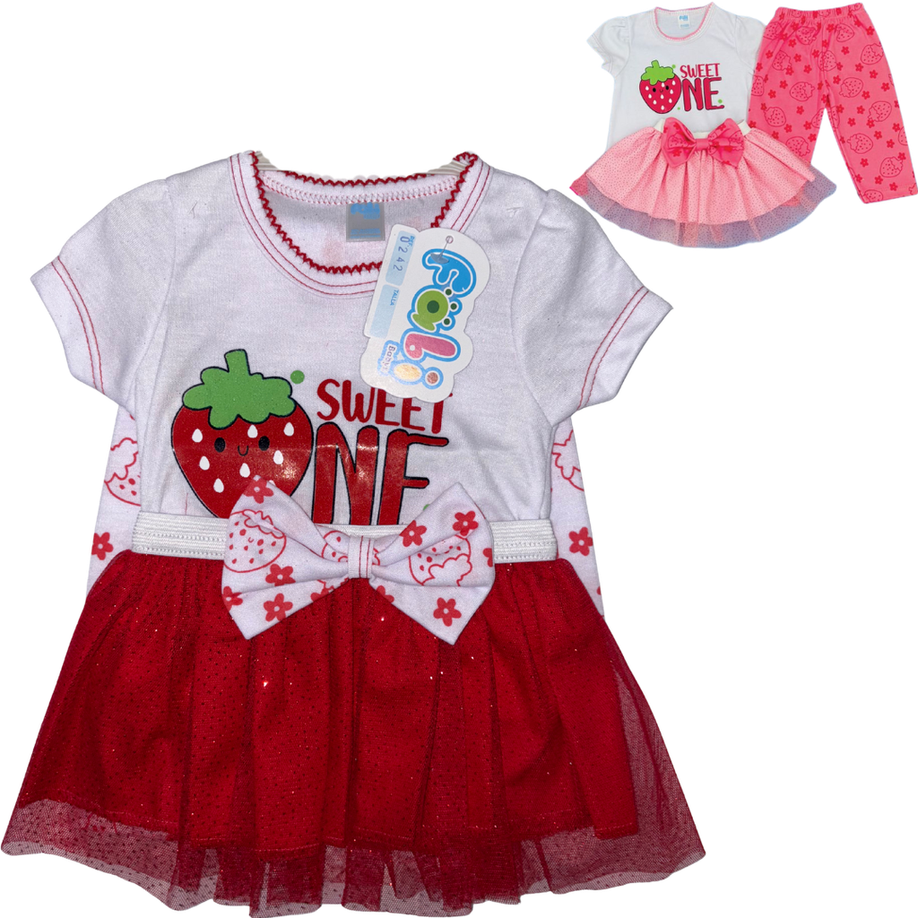 R0242 Conjunto x3 Piezas Vestido Fresa Rojo