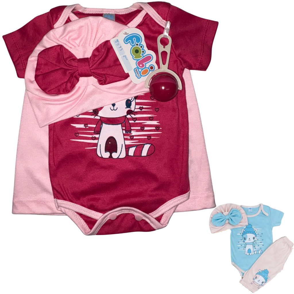 R0073 Conjunto con Turbante x3 Piezas Sonajero Gato Rosado/Fucsia