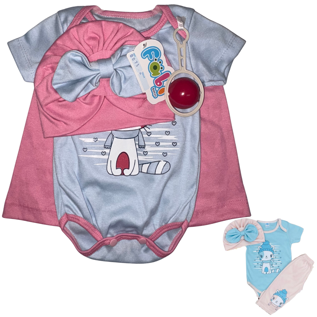 R0073 Conjunto con Turbante x3 Piezas Sonajero Gato Rosado/Azul