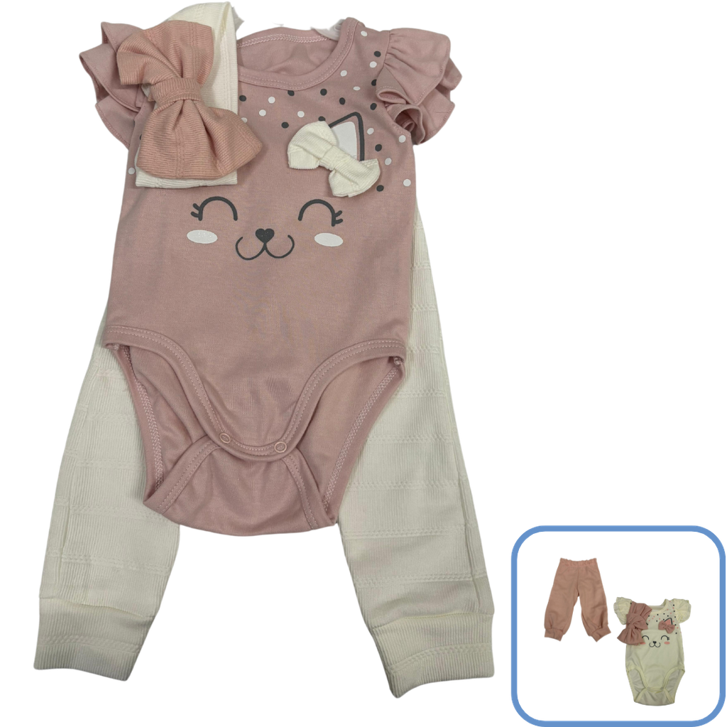 R1901 Conjunto Gatita x3 Piezas Rosado Talla: 3-6