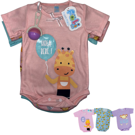 [4245] R0264 Set de Mameluco Estampado x3 Sonajero/Salmon Talla: 3