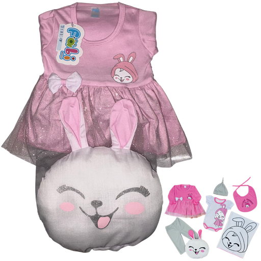 [4264] R0185 Conjunto x7 Piezas Almohada Conejo Cobija Rosado