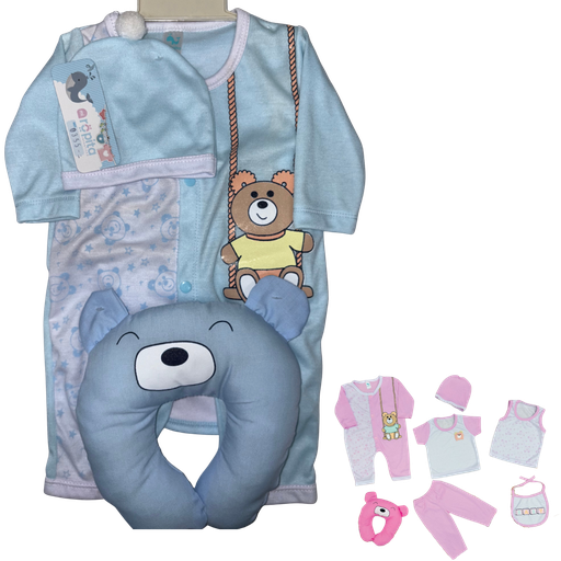 [4273] R0355 Conjunto x7 Piezas Almohada Oso Blanco/Azul Claro