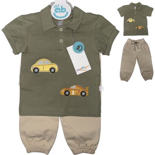 [4819] R8012 Conjunto Polo Jogger Niño Carros (Línea Premium) Verde Talla: 12-18
