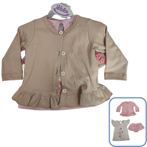 [3552] R7081 Conjunto Jardinera Floral (Línea Premium) Beige Talla:12-18