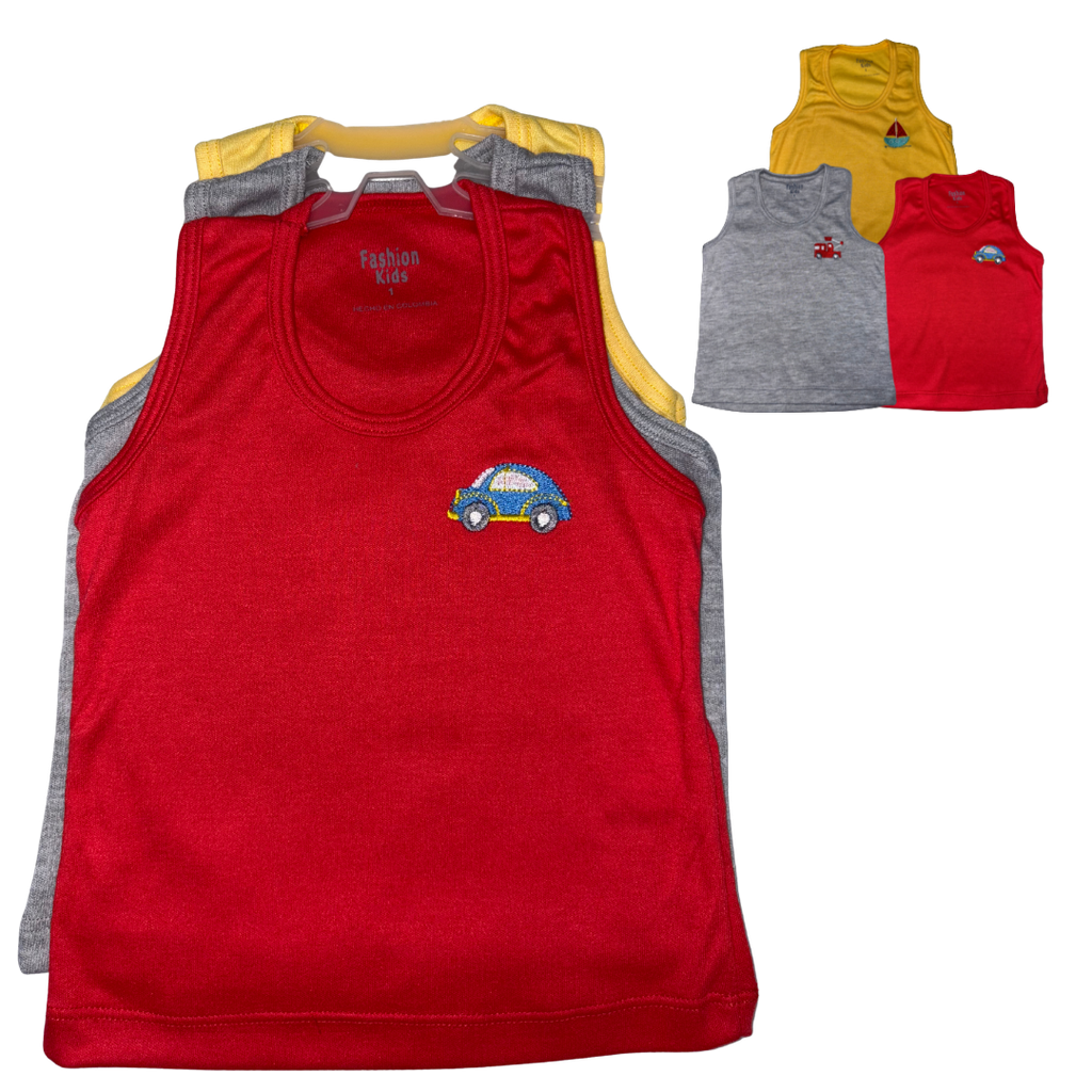 R1057 Set Camisilla Bordada x3 Carro Rojo-Amarillo-Gris Talla: 1