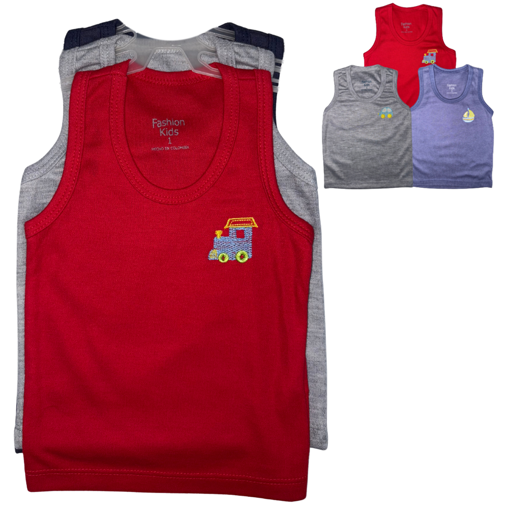 R1057 Set Camisilla Bordada x3 Tren Rojo-Gris-Azul Marino Talla: 1