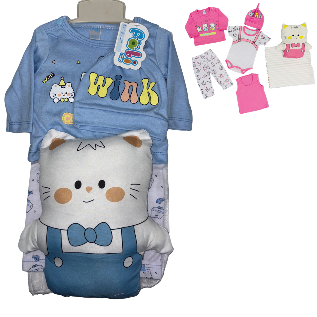 R0429 Conjunto x7 Piezas Almohada Gato Cobija Azul