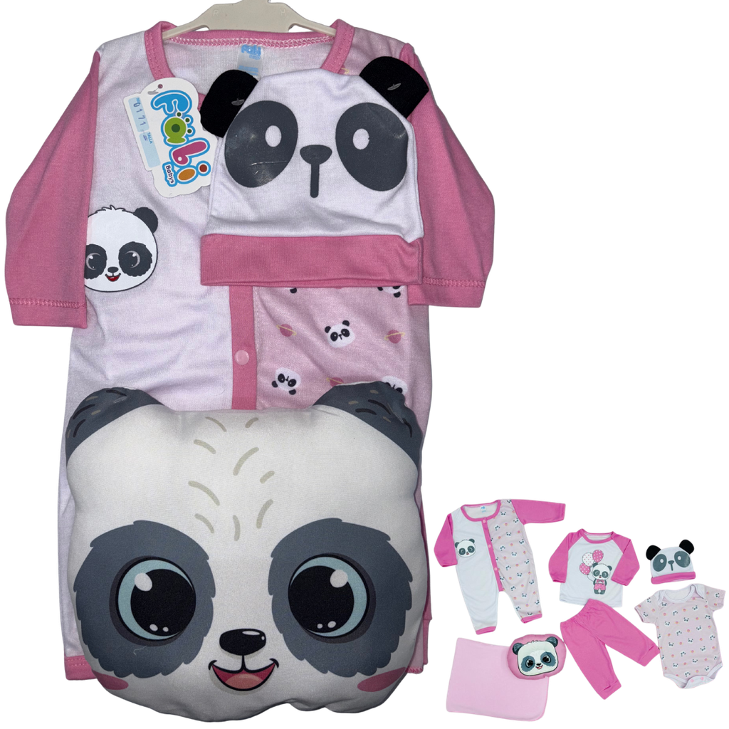 R0171 Conjunto x7 Piezas Almohada Panda Cobija Rosado