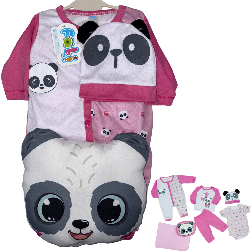 R0171 Conjunto x7 Piezas Almohada Panda Cobija Fucsia