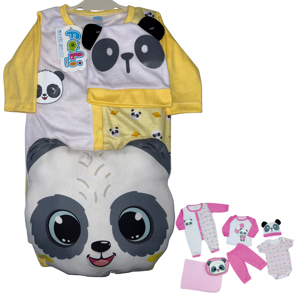 R0171 Conjunto x7 Piezas Almohada Panda Cobija Amarillo