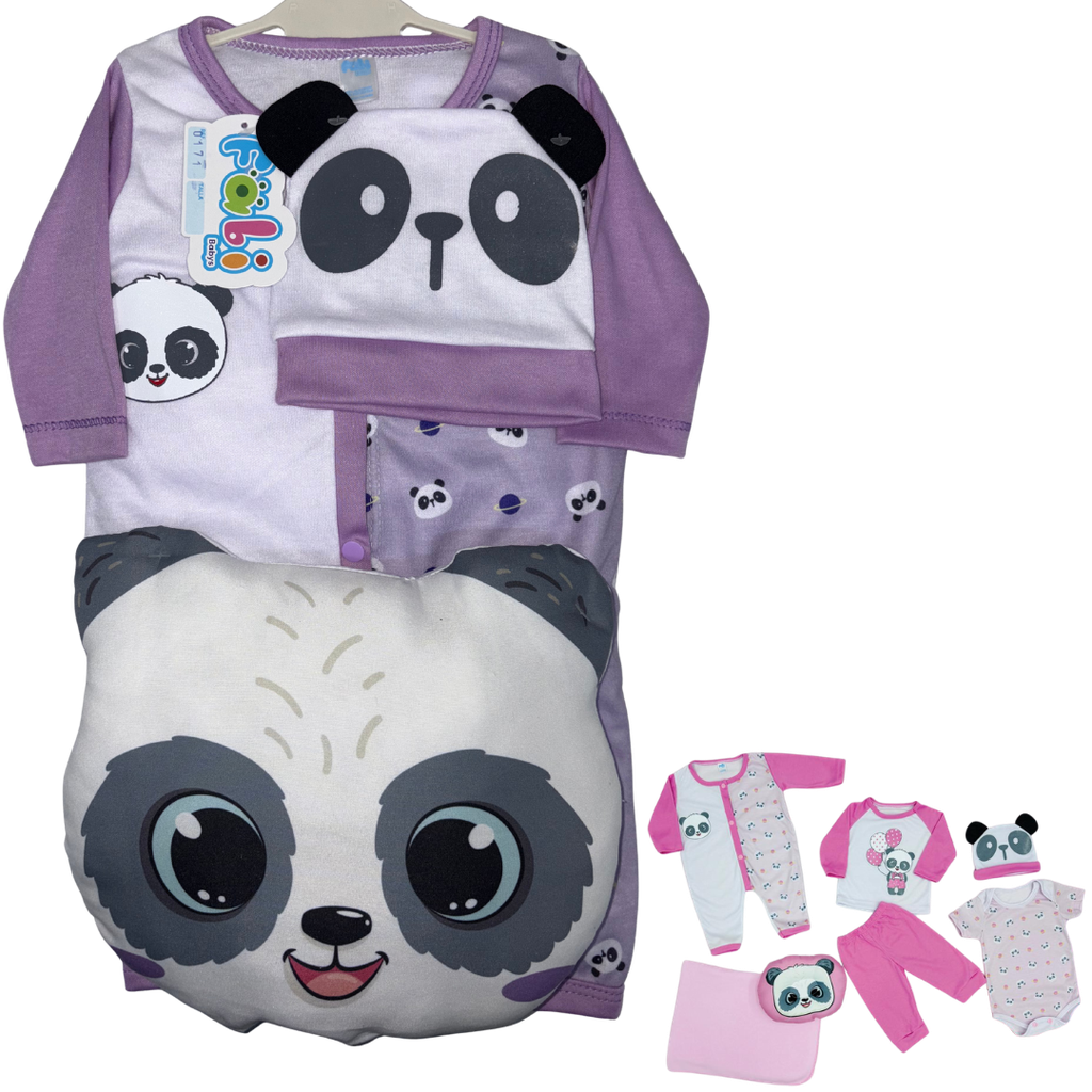 R0171 Conjunto x7 Piezas Almohada Panda Cobija Lila