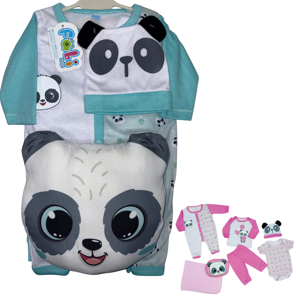 [4232] R0171 Conjunto x7 Piezas Almohada Panda Cobija Aguamarina