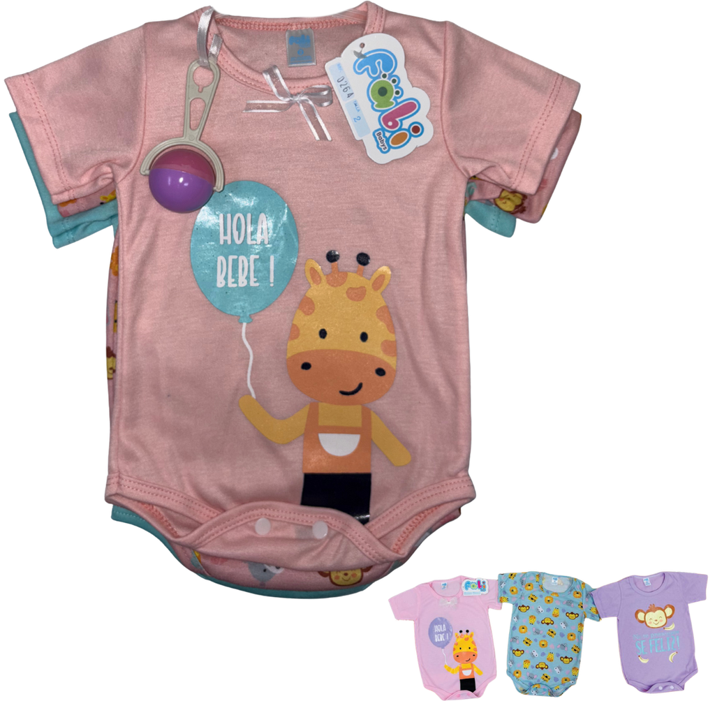 R0264 Set de Mameluco Estampado x3 Sonajero/Salmon Talla: 3