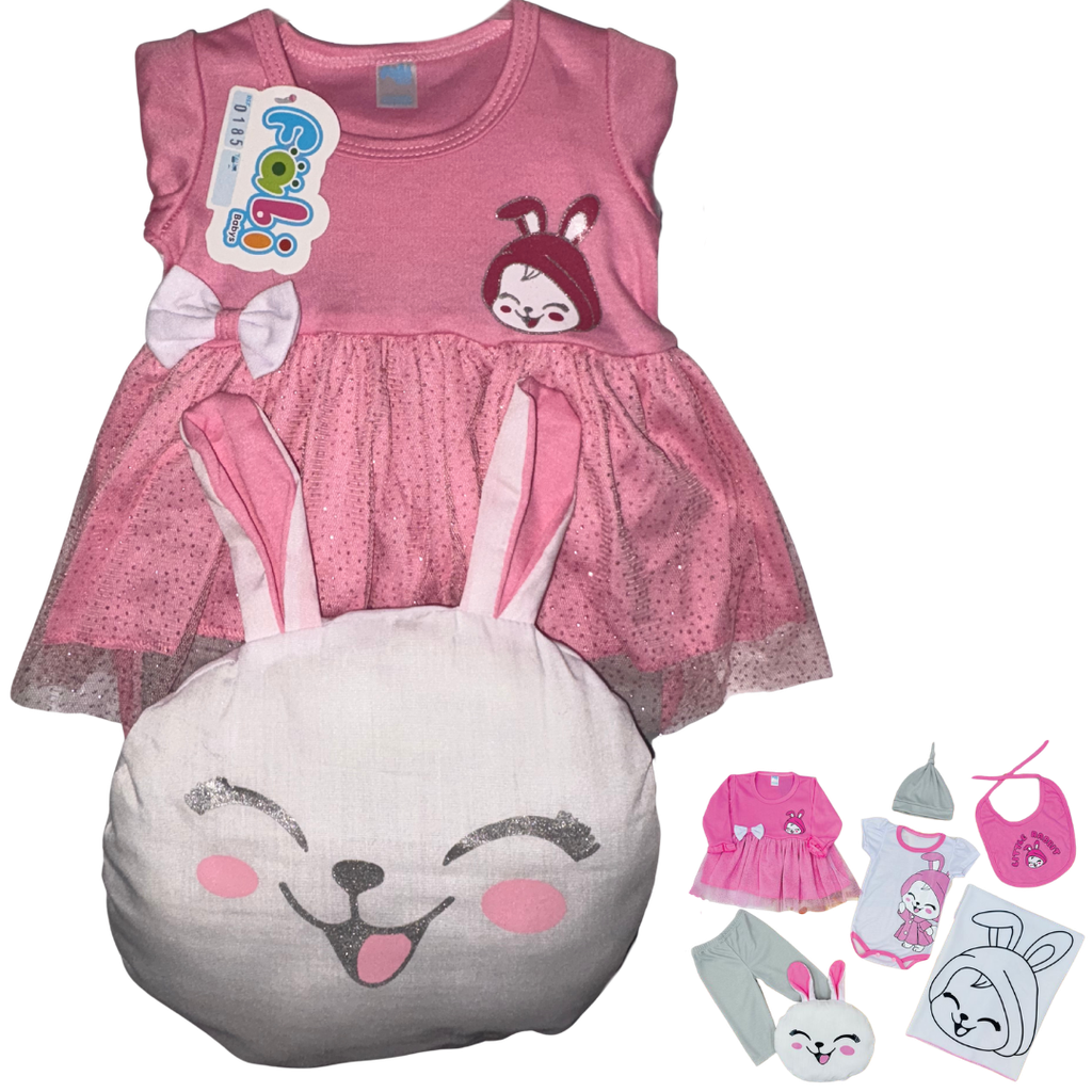 R0185 Conjunto x7 Piezas Almohada Conejo Cobija Fucsia