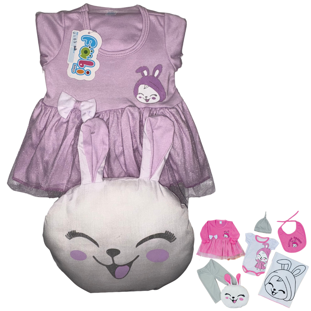 R0185 Conjunto x7 Piezas Almohada Conejo Cobija Lila