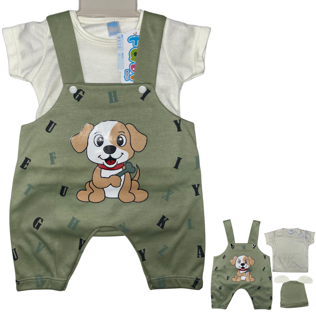 R0329 Conjunto x3 Piezas Eco Perro Verde/Beige