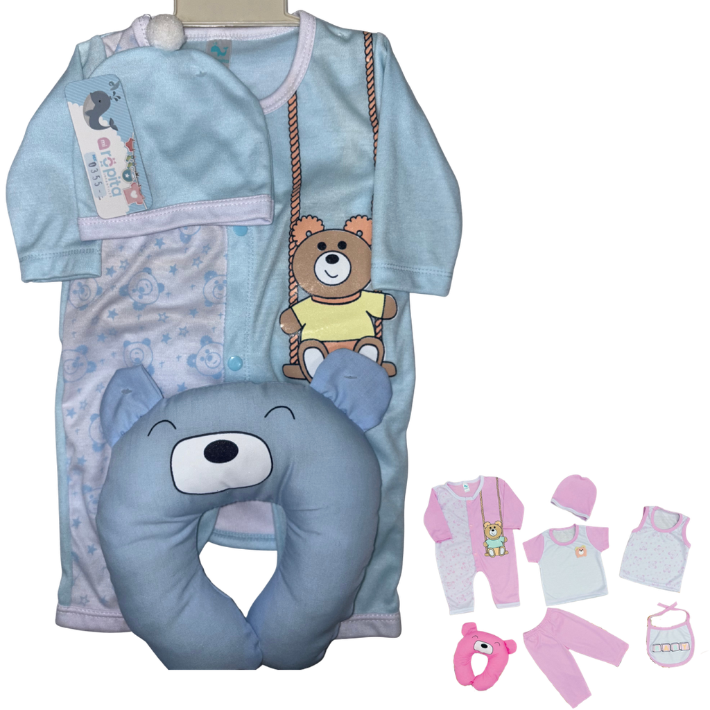 R0355 Conjunto x7 Piezas Almohada Oso Blanco/Azul Claro