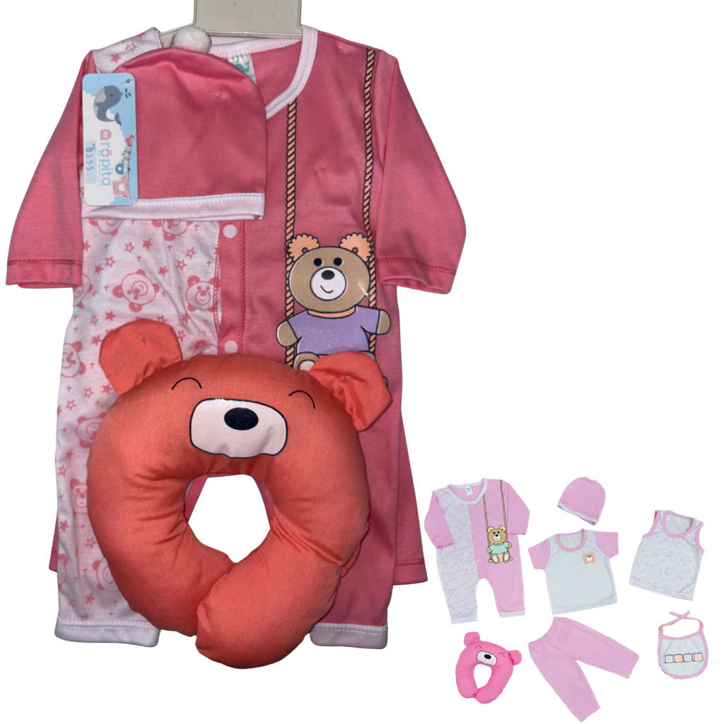 R0355 Conjunto x7 Piezas Almohada Oso Blanco/Fucsia