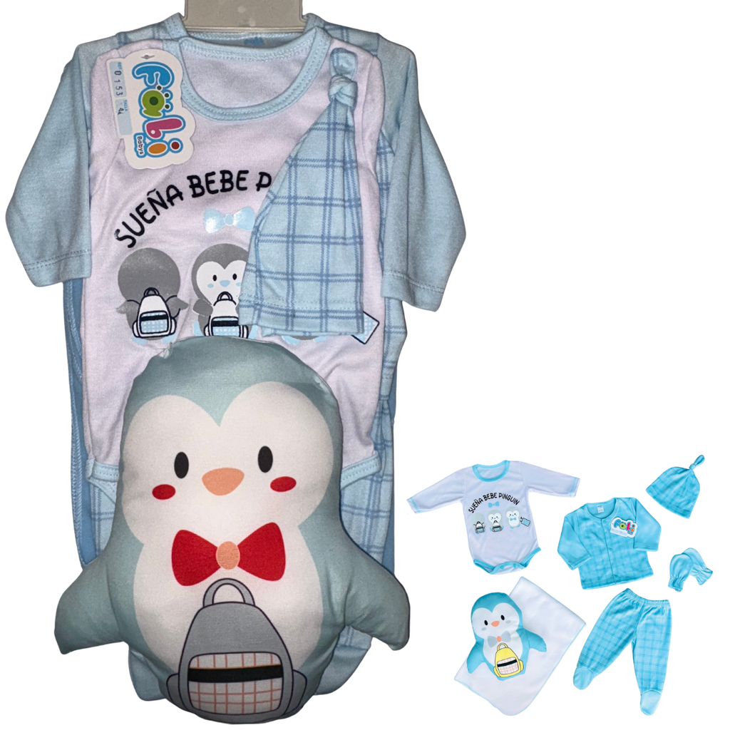 R0153 Conjunto x7 Piezas Almohada Pingüino Azul Claro
