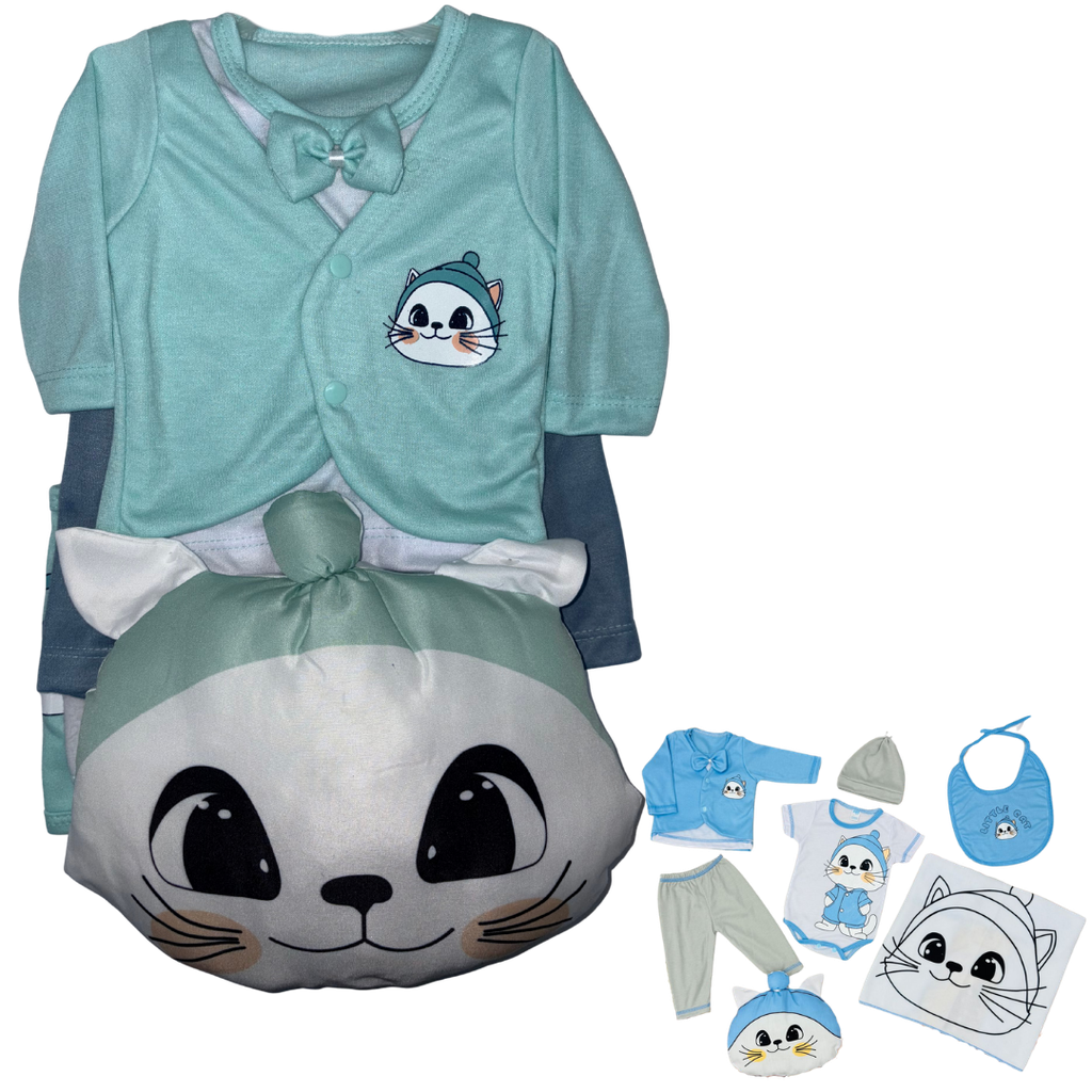 R0186 Conjunto x7 Piezas Almohada Gato Aguamarina