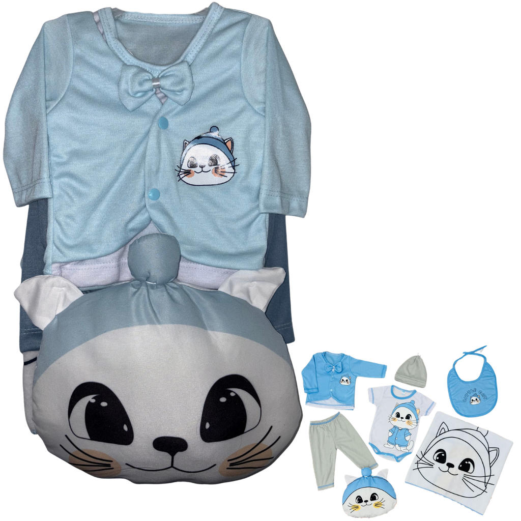 R0186 Conjunto x7 Piezas Almohada Gato Azul Claro