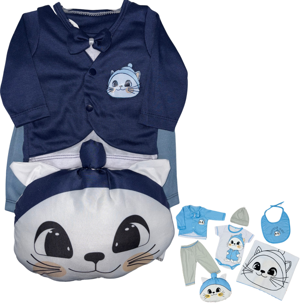 R0186 Conjunto x7 Piezas Almohada Gato Azul Marino