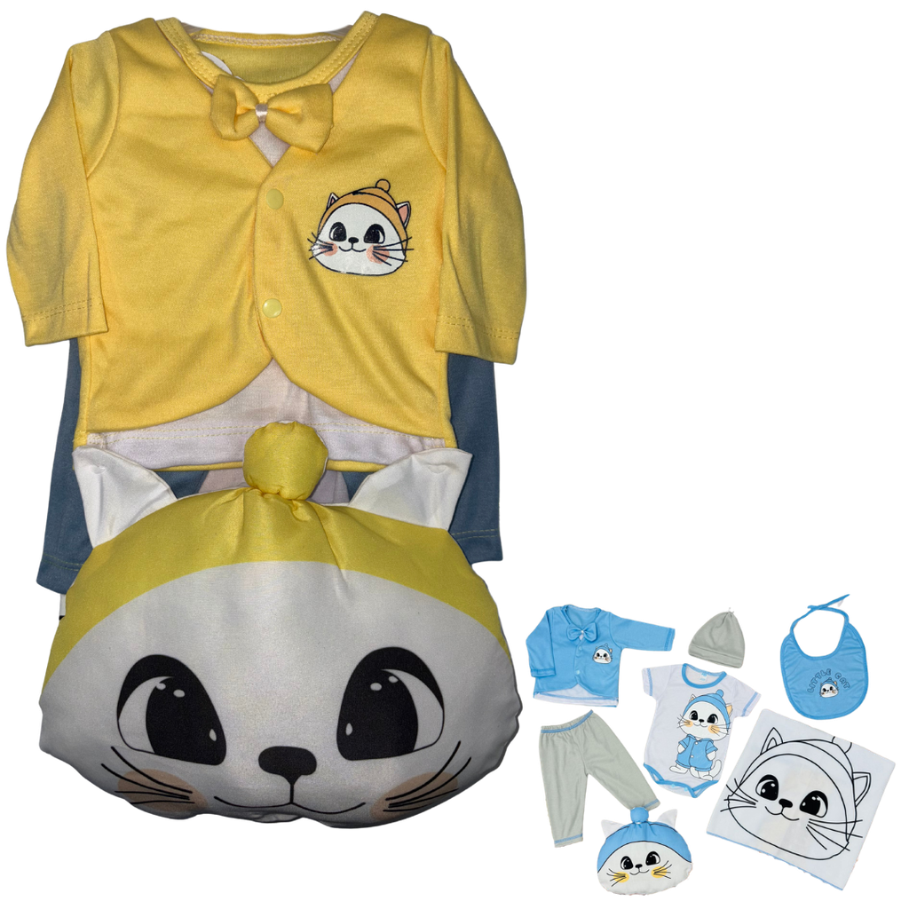 R0186 Conjunto x7 Piezas Almohada Gato Amarillo