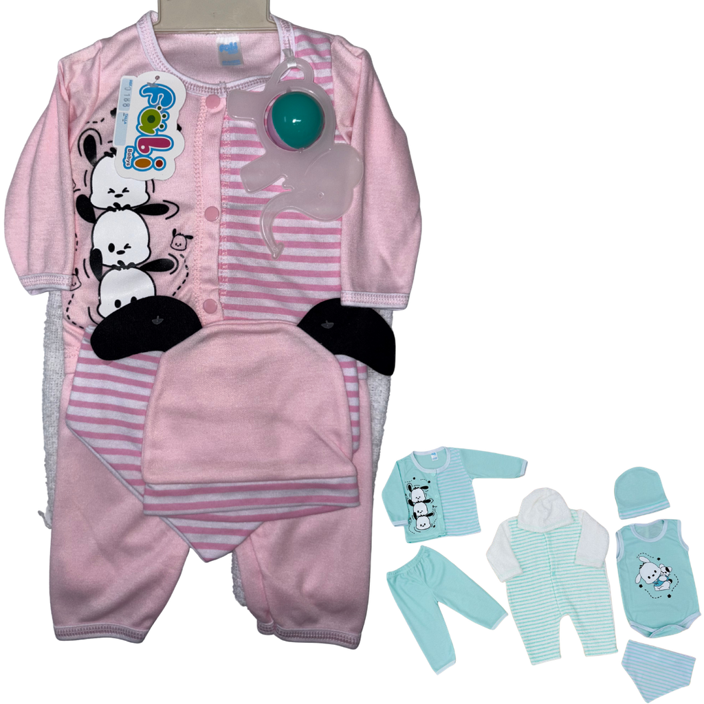 R0188 Conjunto x7 Piezas Sonajero Puppy Rosado