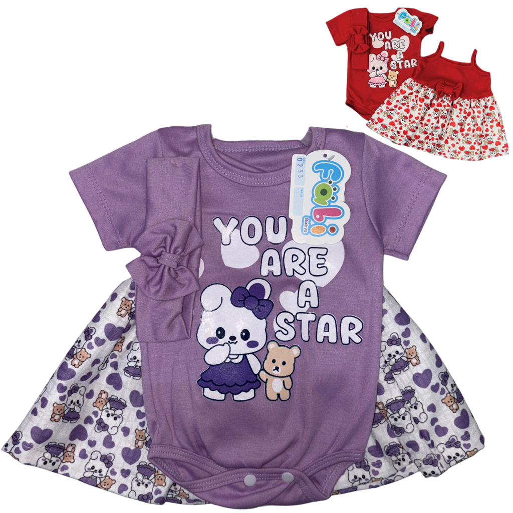 R0233 Conjunto x3 Piezas Vestido Coneja/Oso Lila